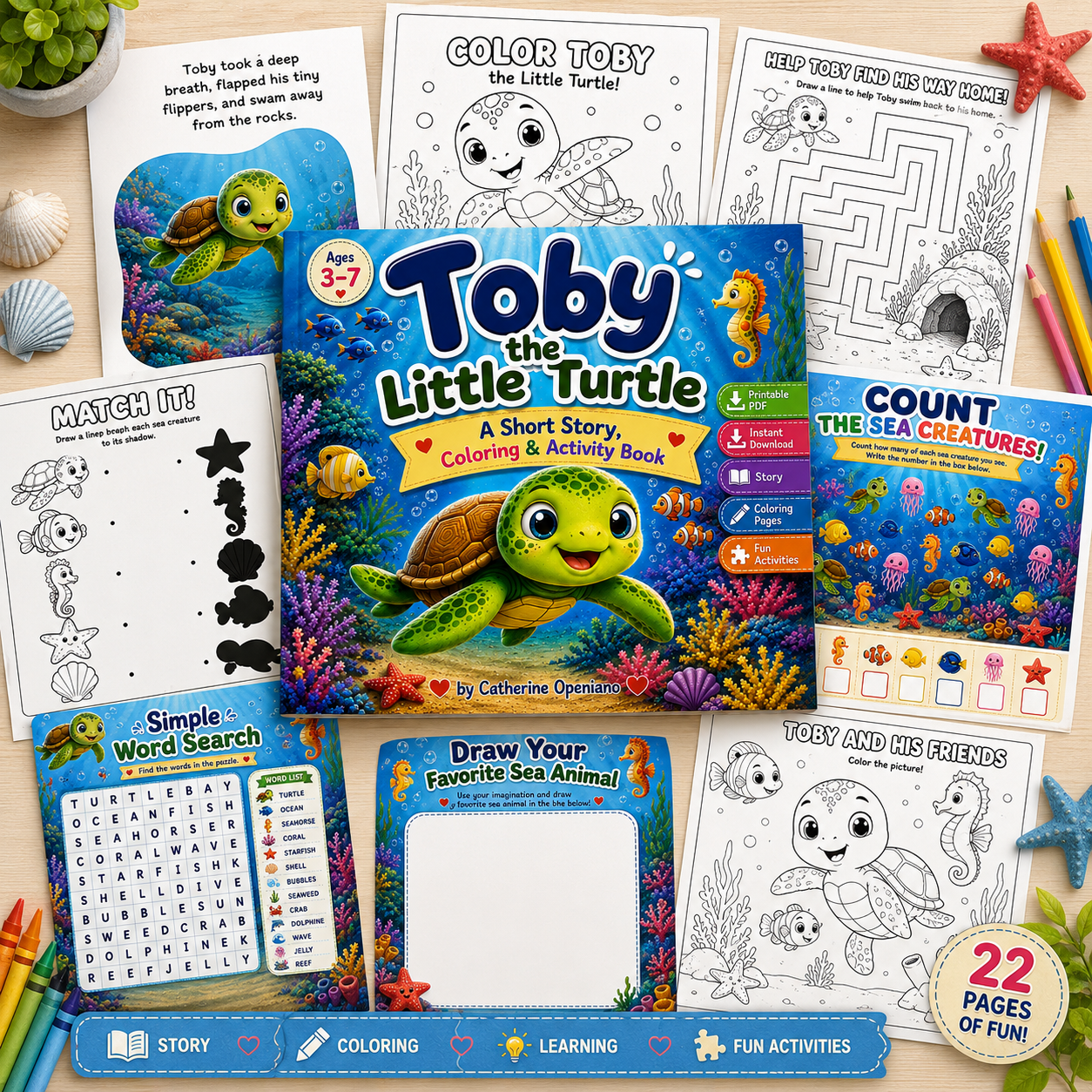 Preview of interior pages: Color Toby coloring sheet, maze, match-the-shadow, counting page, word search and drawing page